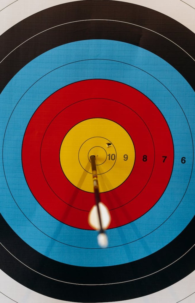 An arrow inside the bullseye of a target
