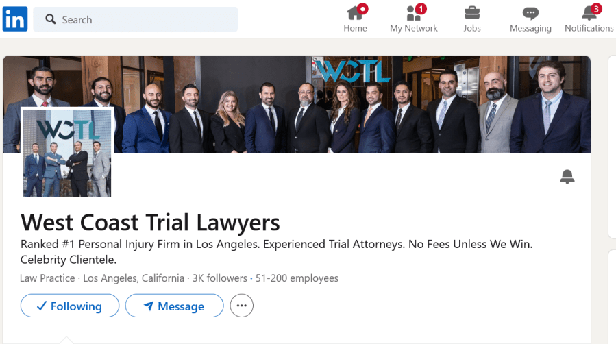 Screenshot of a LinkedIn company page for a Los Angeles law firm