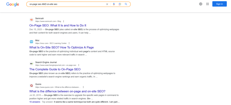 Screenshot of Google search operator results.