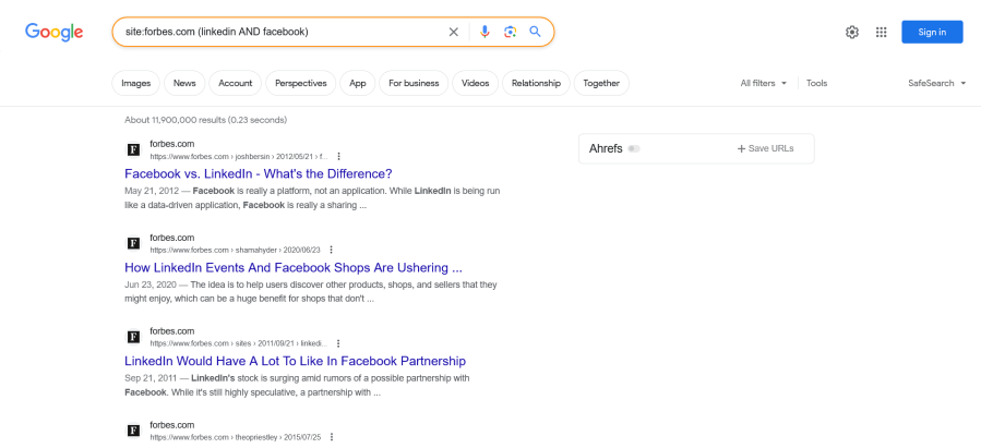 Screenshot of Google search operator results.