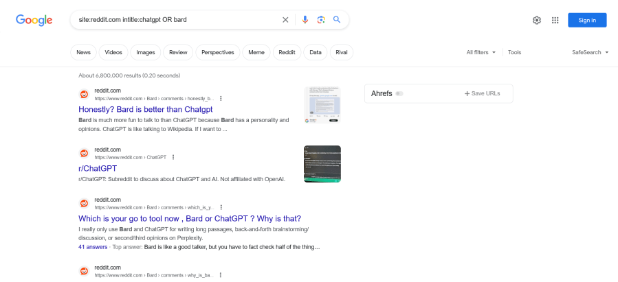 Screenshot of Google search operator results