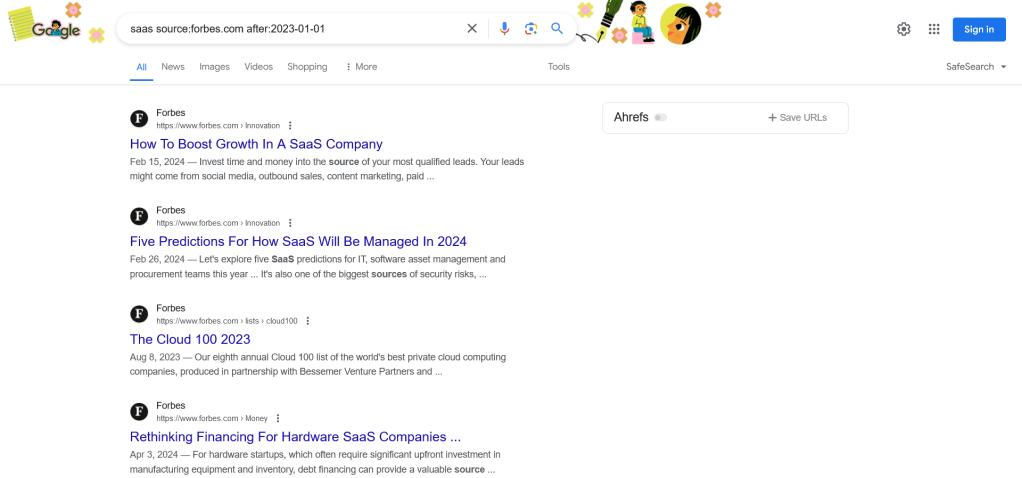 Screenshot of Google search operator results.