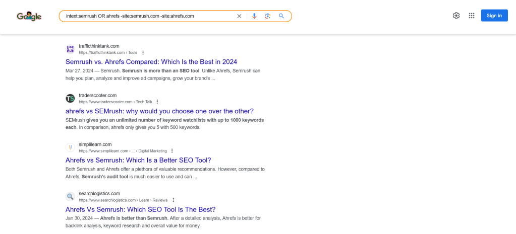 Screenshot of Google search operator results.